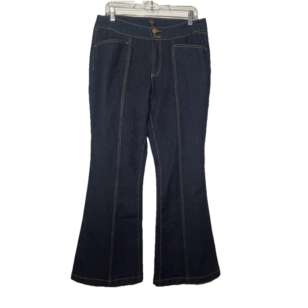 G.I.L.I. Flare Jeans Womens Dark Wash Seam Detail Slit Hem Size 14